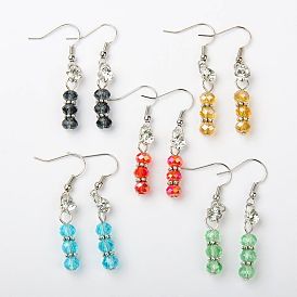 Glass Earrings, with Brass Rhinestone Links and Brass Earring Hooks, 45mm