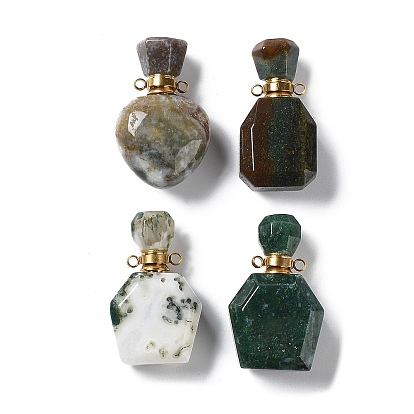 Natural Moss Agate & Indian Agate Perfume Bottle Pendants, with Golden Tone Stainless Steel Findings, Essentail Oil Diffuser Charm, for Jewelry Making