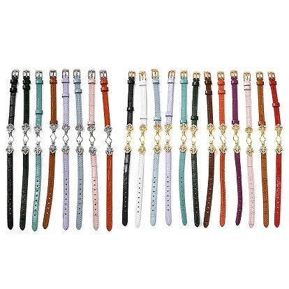 Регулируемый браслет из коровьей кожи для изготовления бусин, с фурнитурой в виде цветов из латуни, инкрустированной микрофиброй и синтетическим бирюзовым камнем, и застежками из нержавеющей стали.