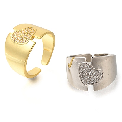 Открытые манжеты из латуни с микропаве и прозрачным цирконием для женщин, без кадмия и без свинца, сердце