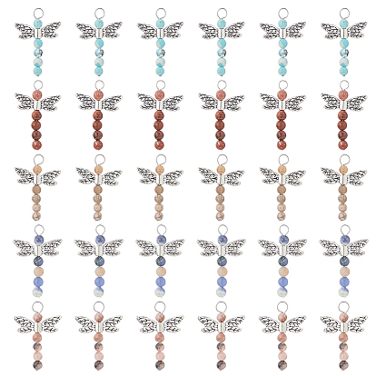30 шт. 5 стили подвески из бусинок в виде стрекозы из натурального содалита, майфанита, розовой зебровой яшмы, красной яшмы и окрашенного магнезита, с крыльями из сплава в тибетском стиле и 304 петлями из нержавеющей стали
