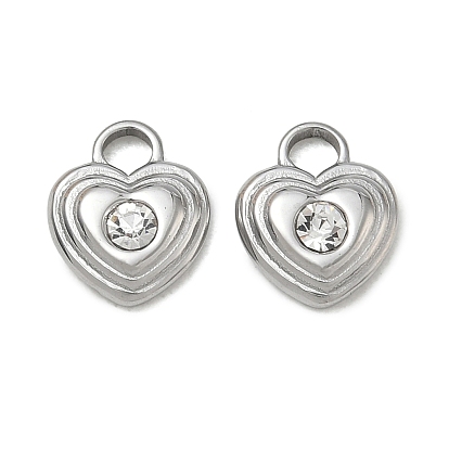 304 Stainless Steel Micro Pave Clear Cubic Zirconia Charms, Heart Charms