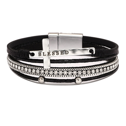 Bohemian Style Cross Bracelet with Magnetic Clasp - Luxurious, Micro Inlaid Diamond, PU Leather.