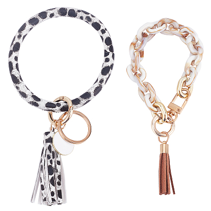 Wristlet Bracelet Keychain Set, including 1Pc Acrylic Chain Keychain, and 1Pc Leopard Print Leather Keychain