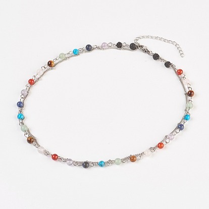 Joyas chakra, Collares multi-hebra de piedras preciosas naturales + sintéticas, Con cadenas de acero inoxidable y pinzas de langosta.