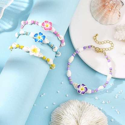 Armbänder aus Polymerclay-Blumen, Glasperlen und natürlichen Trompetenmuscheln für Damen, golden