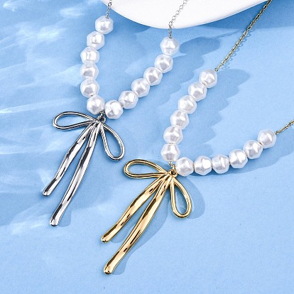 304 ожерелья с подвесками-бантиками из нержавеющей стали и искусственного жемчуга АБС, белые, ионное покрытие (ip)
