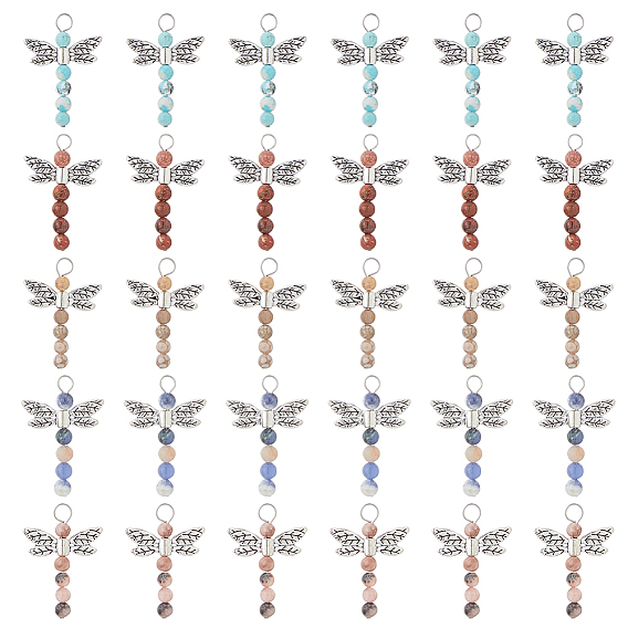 30 шт. 5 стили подвески из бусинок в виде стрекозы из натурального содалита, майфанита, розовой зебровой яшмы, красной яшмы и окрашенного магнезита, с крыльями из сплава в тибетском стиле и 304 петлями из нержавеющей стали