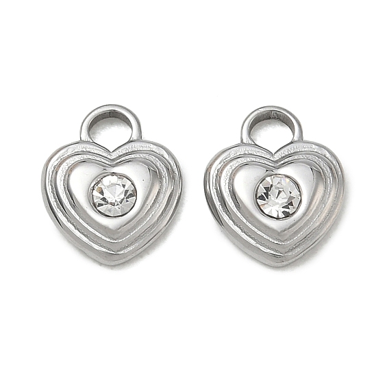 304 Stainless Steel Micro Pave Clear Cubic Zirconia Charms, Heart Charms