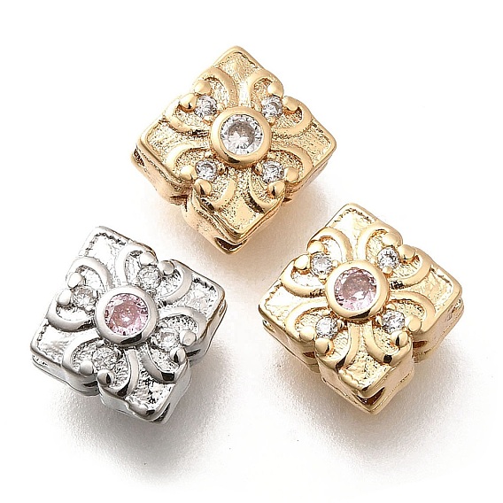 Латунные микро проложить кубического циркония бусы, без кадмия, без никеля и без свинца, квадратные с цветком