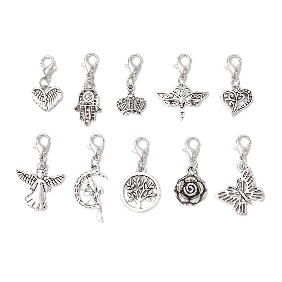 10шт 10 стили подвеска из сплава в тибетском стиле украшения, с карабин-лобстерами , разнообразные