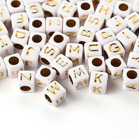 156Pcs 26 Style White Plating Acrylic Letters Beads, Metal Enlaced, Cube with Golden Letter