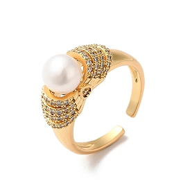 Brass Micro Pave Cubic Zirconia Cuff Rings, Natural Pearl Wide Band Open Ring for Women, Long-Lasting Plated, Cadmium Free & Lead Free