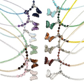 Gemstone Faceted Butterfly  Pendant Necklaces, Glass Seed Beaded Necklaces for Women