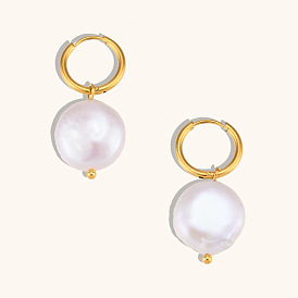 Chic Round Freshwater Pearl Earrings with 18K Gold Plated Stainless Steel Hooks - Fashionable and Luxurious Jewelry for Women