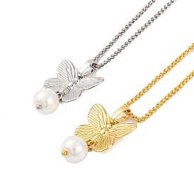 Butterfly Rack Plating Brass ABS Pearl Pendant Necklaces, Wheat Necklaces, Cadmium Free & Lead Free, Long-Lasting Plated