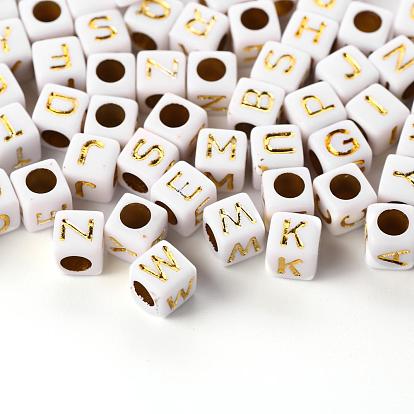 156Pcs 26 Style White Plating Acrylic Letters Beads, Metal Enlaced, Cube with Golden Letter