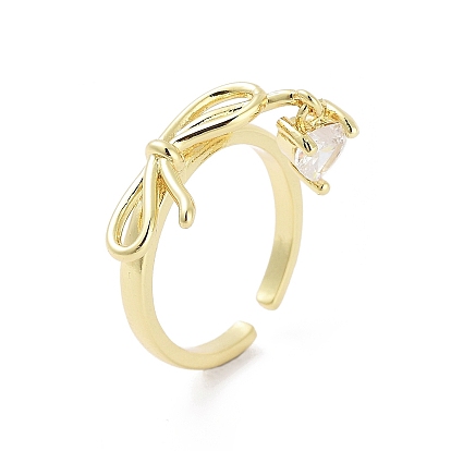 Placage en crémaillère réglable en laiton avec anneaux en zircone cubique, bague solitaire, plaqué longue durée, sans plomb et sans cadmium, bowknot