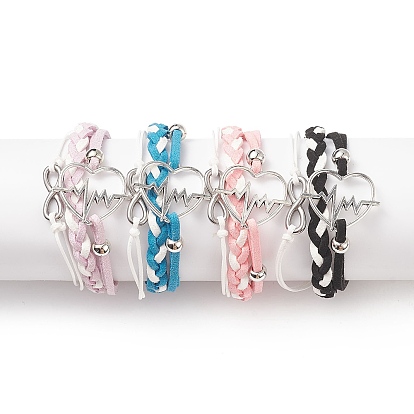 4Pcs 4 Color Alloy Heart Beat & 304 Stainless Steel Infinity Links Multi-strand Bracelets Set, Faux Suede Braided Tripel Layer Bracelets for Women