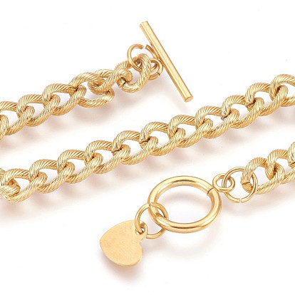 Ion Plating(IP) 304 Stainless Steel Curb Chain Bracelets, Textured, with Toggle Clasps and Heart Shape Charm