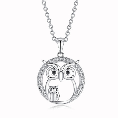 Cubic Zirconia Hollow Owl Pendant Necklace, with Stainless Steel Cable Chains