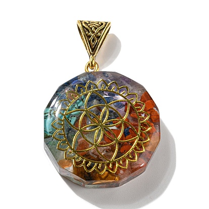 7 Chakra Stone Resin Pendants, Polygon Charms with Antique Golden Plated Snap on Bails