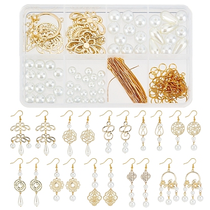 Kits de fabrication de boucles d'oreilles pendantes en perles d'imitation et fleurs à faire soi-même, y compris les connecteurs de liaison en filigrane en alliage, Crochets d'oreille en laiton, Des billes de verre