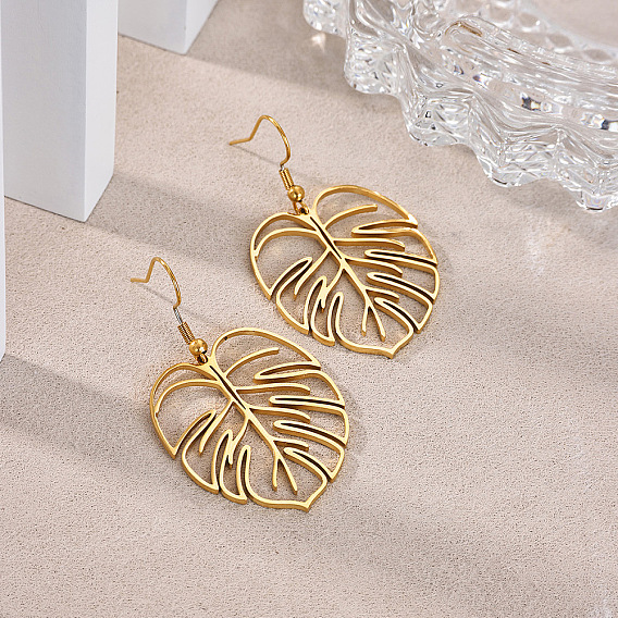 304 boucles d'oreilles pendantes en acier inoxydable pour femmes, feuille