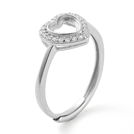 Heart Adjustable 925 Sterling Silver Ring Components, with Cubic Zirconia