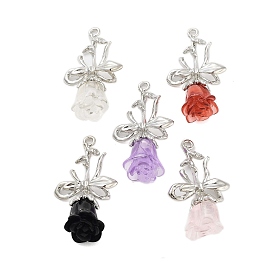 Rack Plating Alloy Resin Pendants, Rose Flower with Bowknot Charms, Platinum