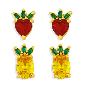 Cute Fruit Earrings for Women with Rhinestones - Pineapple Strawberry Ear Studs Sweet Chic Jewelry