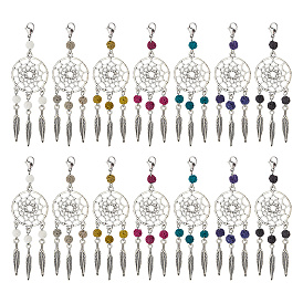 28 шт. 7 цвета, окрашенные в натуральный лавовый камень и тибетский стиль, подвески из сплава, украшения, с карабин-лобстерами , тканая сеть / паутина с пером