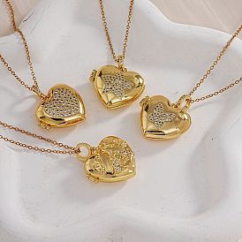 European and American Fashion Heart Shaped Brass Crystal Rhinestone Locket Pendant Necklaces, with Cable Chain for Women Girl