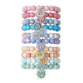 10.5mm Round Opaque Crackle Glass Beaded Stretch Bracelets, Alloy Tree of Life Charm Bracelets