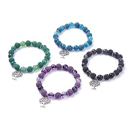 Bracelets à breloques extensibles en perles rondes en pierre de lave naturelle (teintes), avec agate à rayures naturelles / perles d'agate à bandes, Pendentif en alliage, arbre