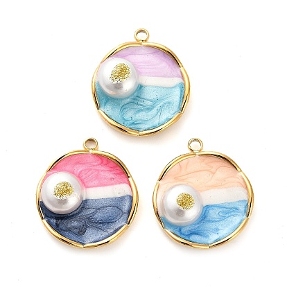 304 нержавеющей стальной эмали подвески, с блестящей пудрой и искусственным жемчугом, плоский круглый шарм, ионное покрытие (ip), реальный 18 k позолоченный