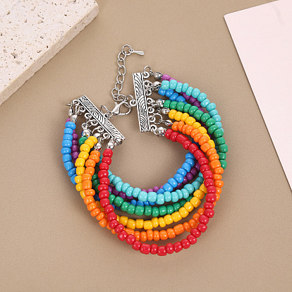 Многослойные ожерелья из сплава в стиле бохо с разноцветными рондельками из пластика и бисера
