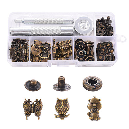 18 Sets Butterfly & Owl & Bear Brass Leather Snap Buttons Fastener Kits, Including 1 Set 45# Steel Hole Punch Tool, 1Pc 45# Steel Round Base