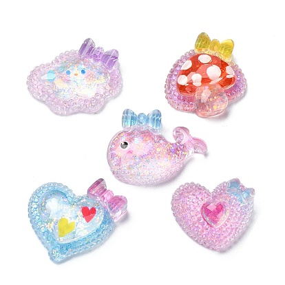 Cabochons décodés en résine époxy transparente poisson/cœur/nuage/champignon, avec paillettes