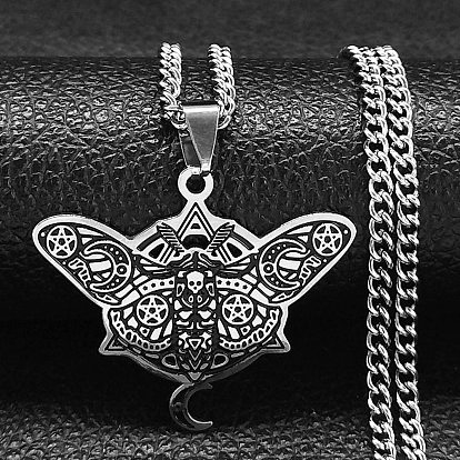 304 Stainless Steel Enamel Pendant Necklaces for Women Men, Moth with Moon