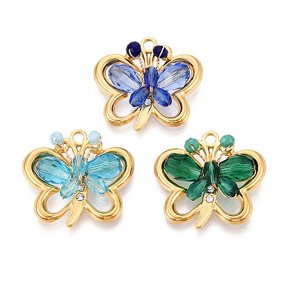 304 подвески из нержавеющей стали, бабочка, со стеклом и горным хрусталем, реальный 18 k позолоченный, ионное покрытие (ip), граненые