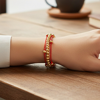 Регулируемые многорядные браслеты из круглых латунных бусин, плетеные браслеты из нейлонового шнура для женщин