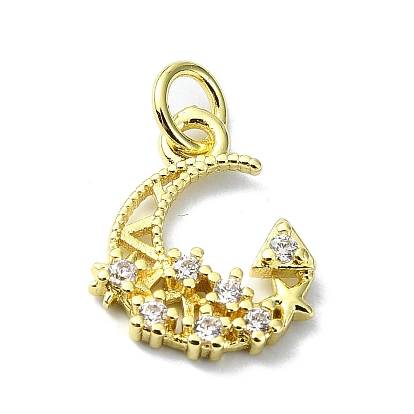 Moon Theme Brass Micro Pave Clear Cubic Zirconia Pendants, with Jump Ring, Real 18K Gold Plated