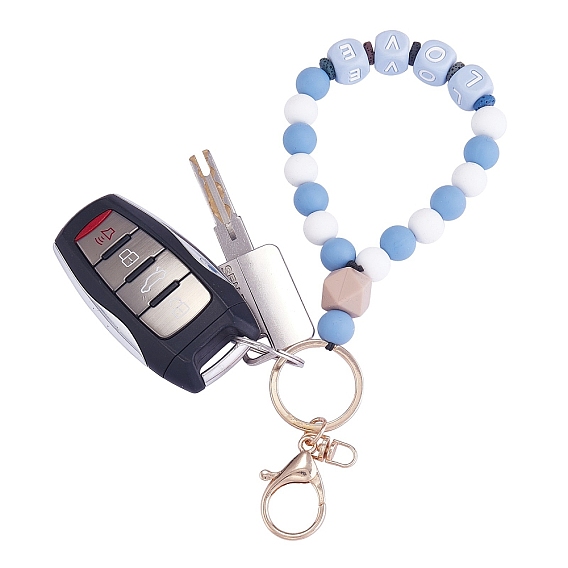 Silicone Round Beaded Keychain Wristlet, Letter Love Natural Lava Rock Beads Keychain, with Alloy Keychain Clasps Finding