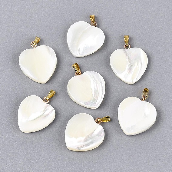 Подвески из натуральных ракушек trochus, Подвески в форме сердца с железными защелками., золотые