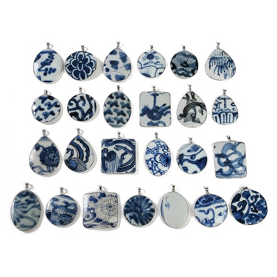 Handmade Porcelain Pendants, Mixed Shapes Charms, Platinum
