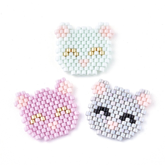 Handmade Seed Beads Pendants, with Elastic Thread, Loom Pattern, Cat Shape