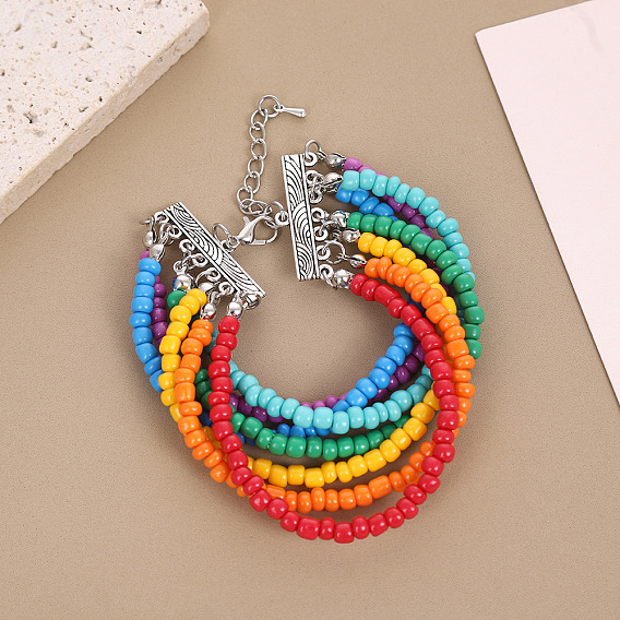Многослойные ожерелья из сплава в стиле бохо с разноцветными рондельками из пластика и бисера