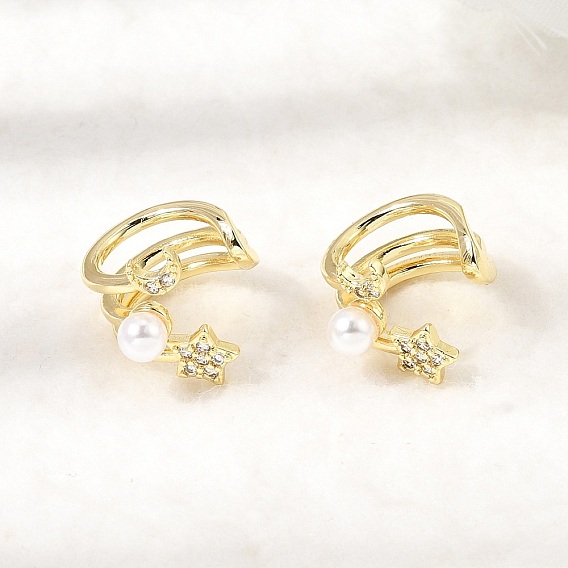 Латунные серьги-манжеты из прозрачного кубического циркония, с абс пластмассовой имитационной жемчужиной, без кадмия и без свинца, долговечный, стойки покрытие, тройной с-образный