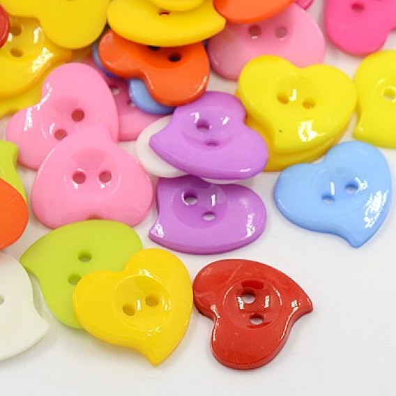 Acrylic Heart Buttons, Plastic Sewing Buttons for Costume Design, 2-Hole, Dyed
